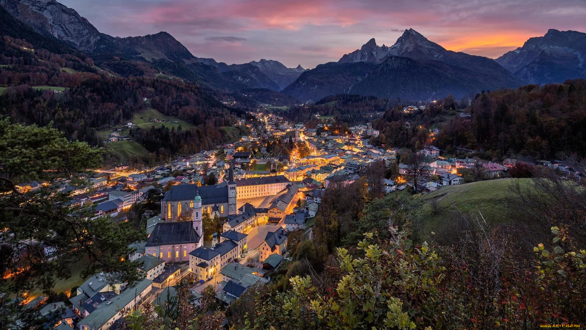 города, берхтесгаден, , германия, вечер, огни, панорама