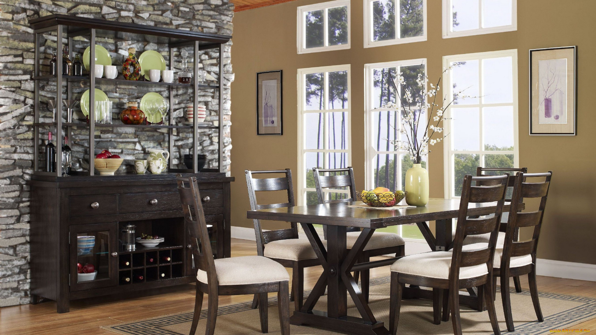интерьер, столовая, шкаф, посуда, обеденный, стол, стулья