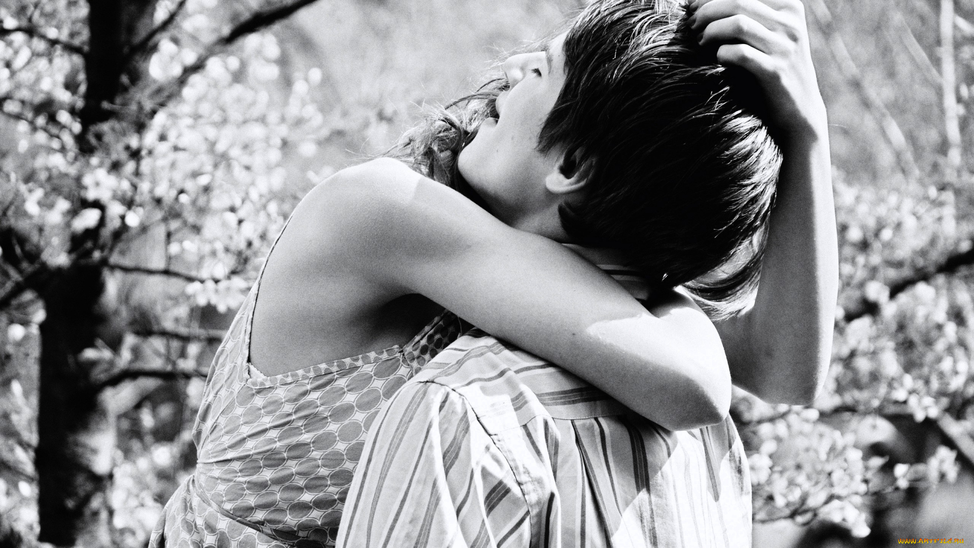 разное, мужчина, женщина, пара, объятия, любовь, сад, черно-белое