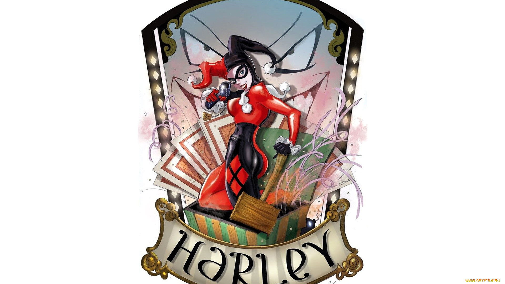 рисованное, комиксы, харли, куин, костюм, молот, карты, глаза