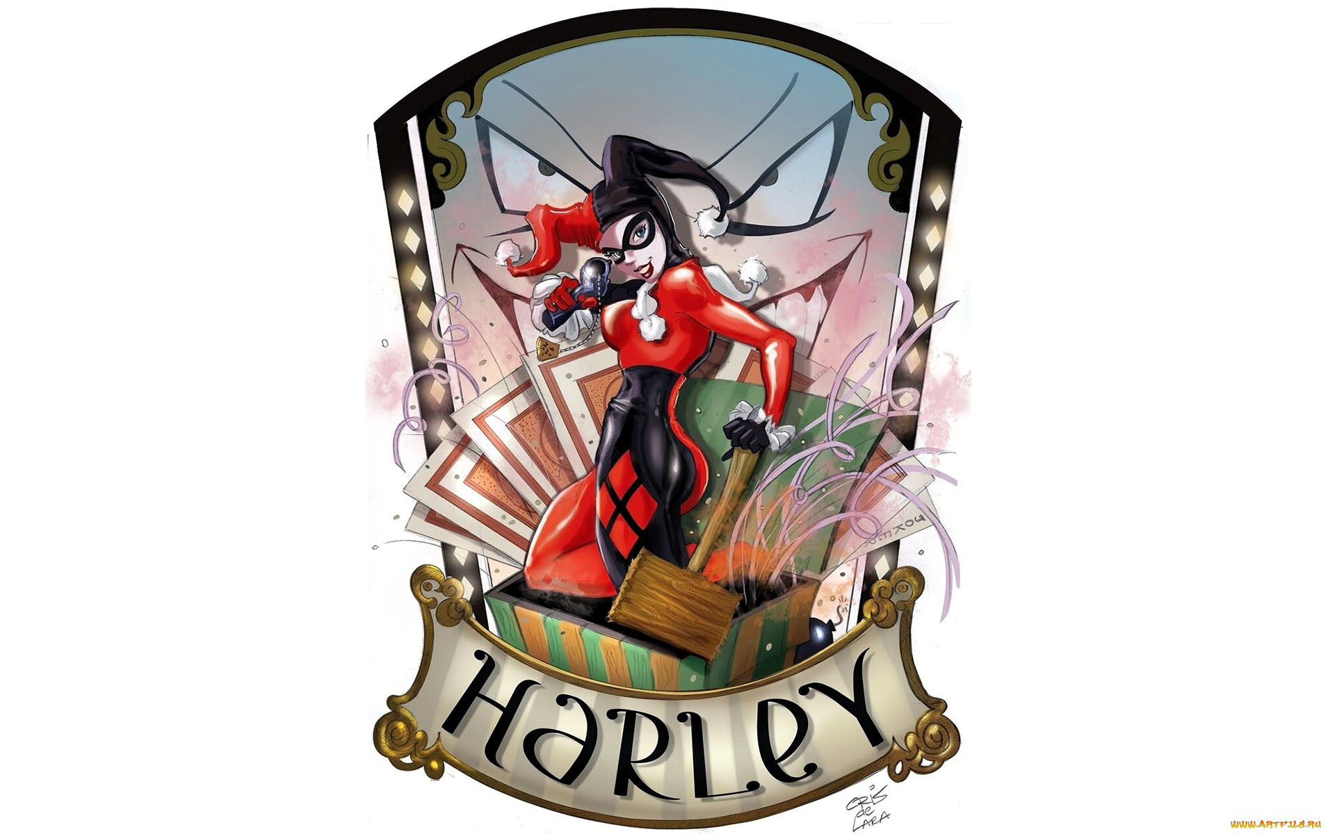 рисованное, комиксы, харли, куин, костюм, молот, карты, глаза