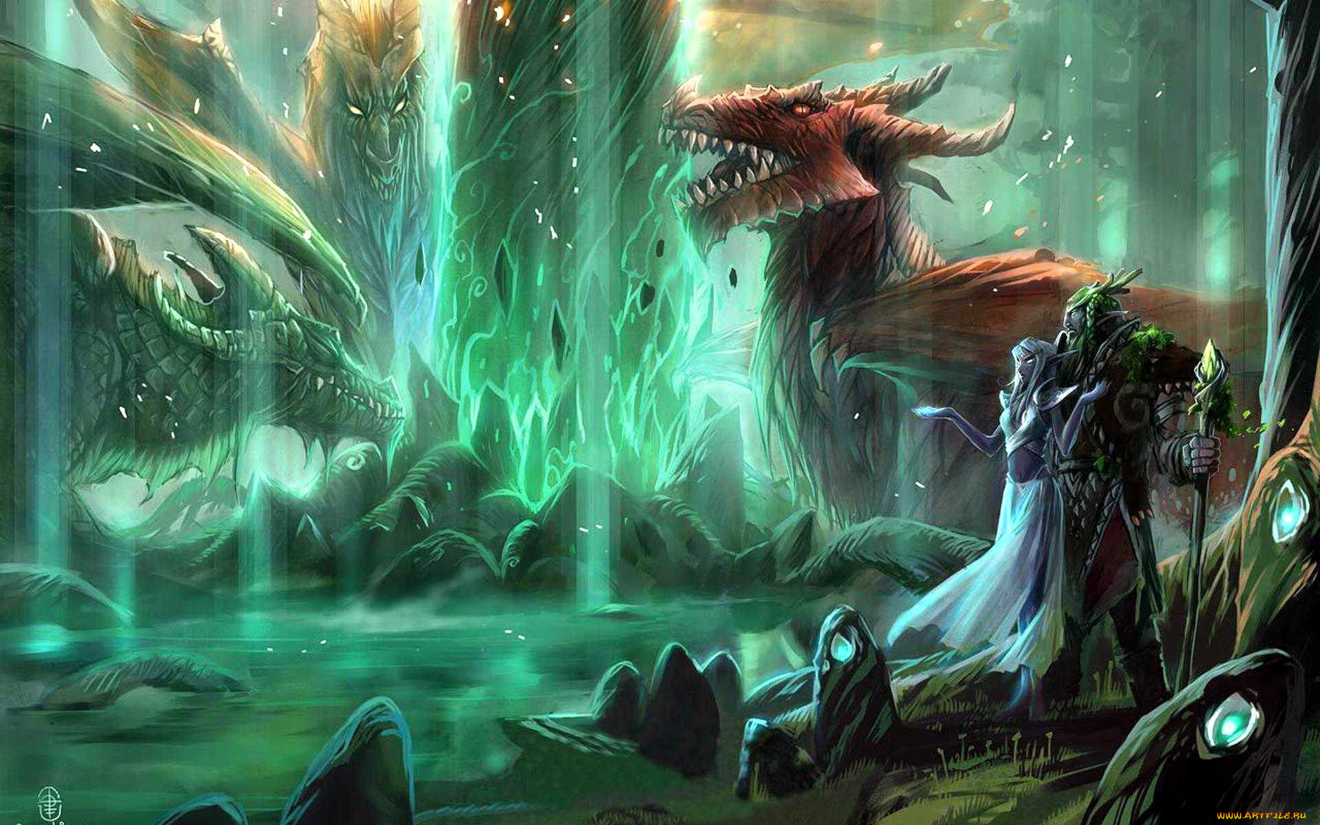 видео, игры, world, of, warcraft, драконы, озеро, пещера, камни, эльфы