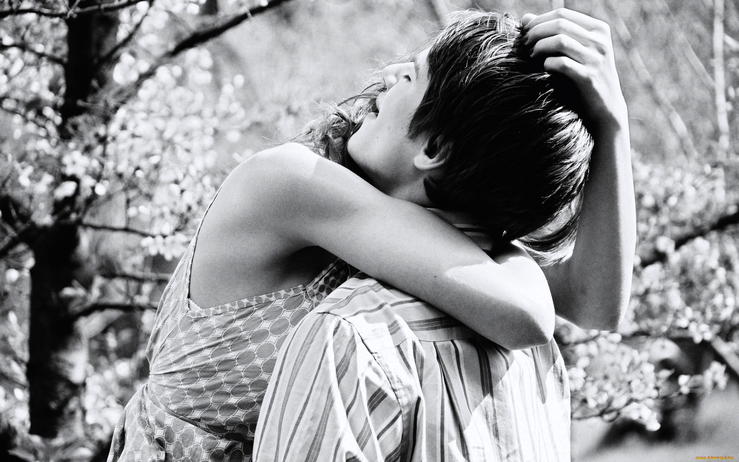 разное, мужчина, женщина, пара, объятия, любовь, сад, черно-белое