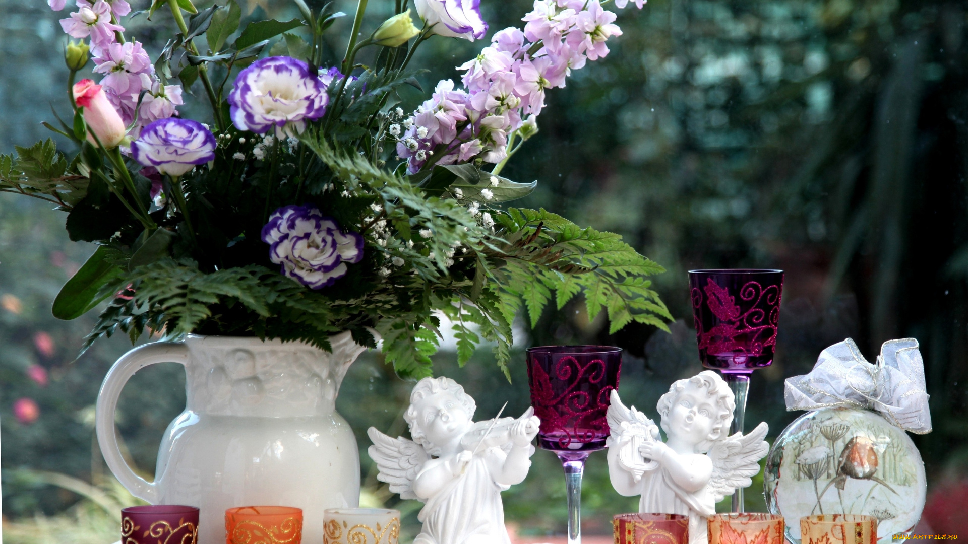 цветы, букеты, композиции, свечи, ангелочки, эустома, левкой, розы