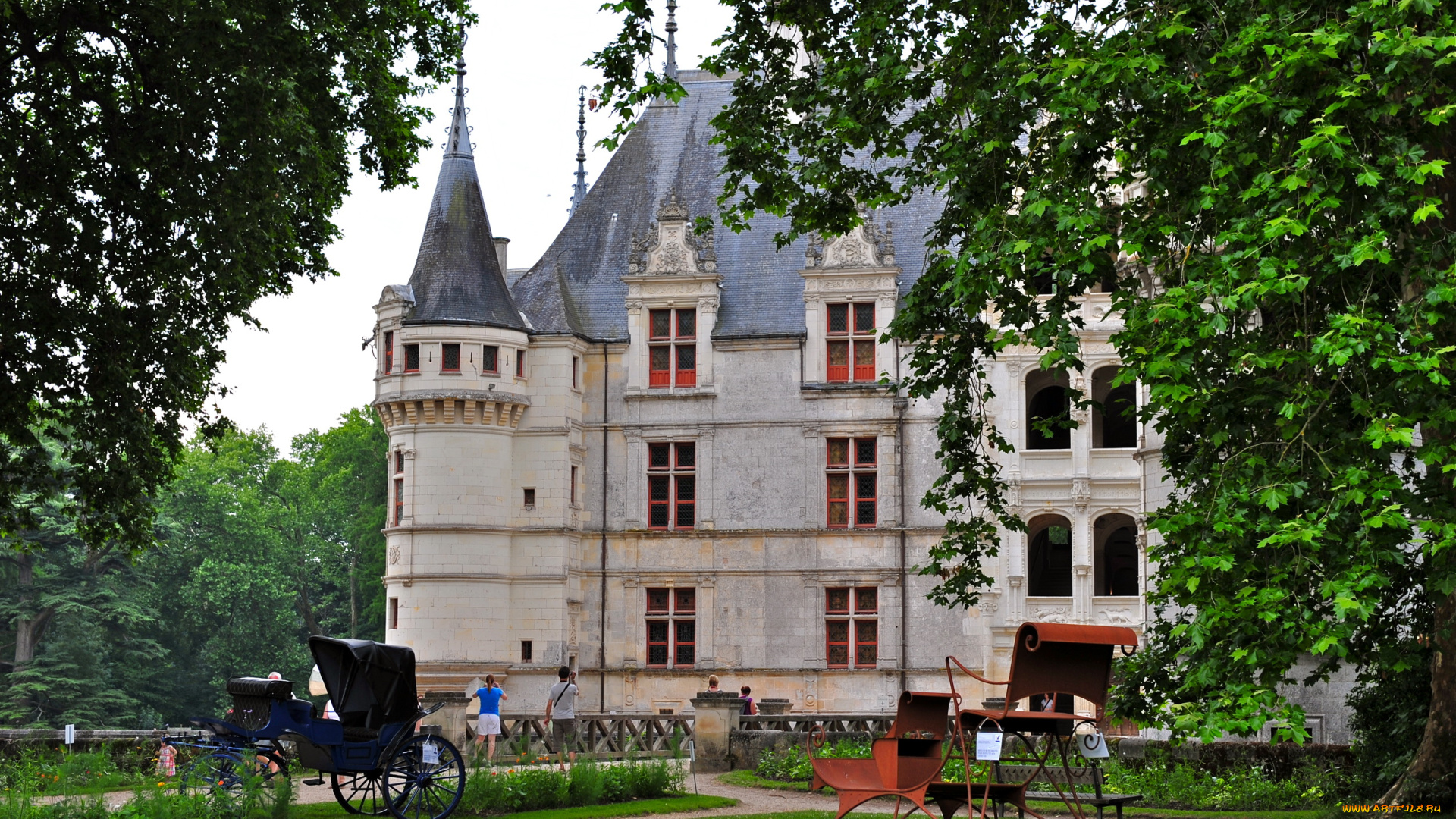 франция, chateau, de, azay, le, rideau, города, замки, луары, кареты, деревья, парк