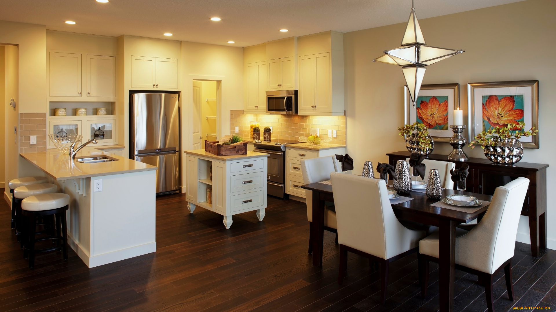 интерьер, другое, кухня, столовая, стол, стулья, мойка, люстра