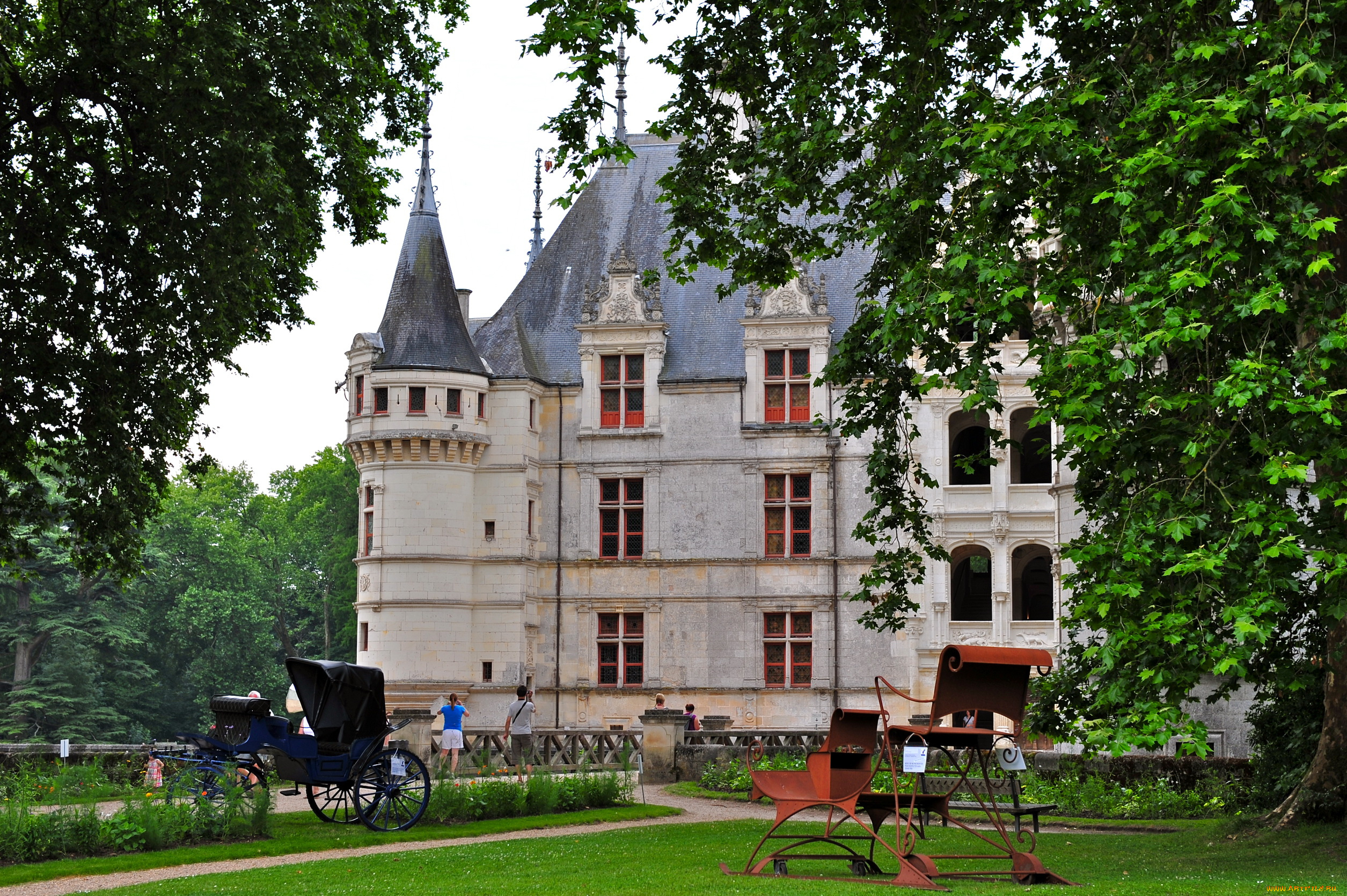 франция, chateau, de, azay, le, rideau, города, замки, луары, кареты, деревья, парк