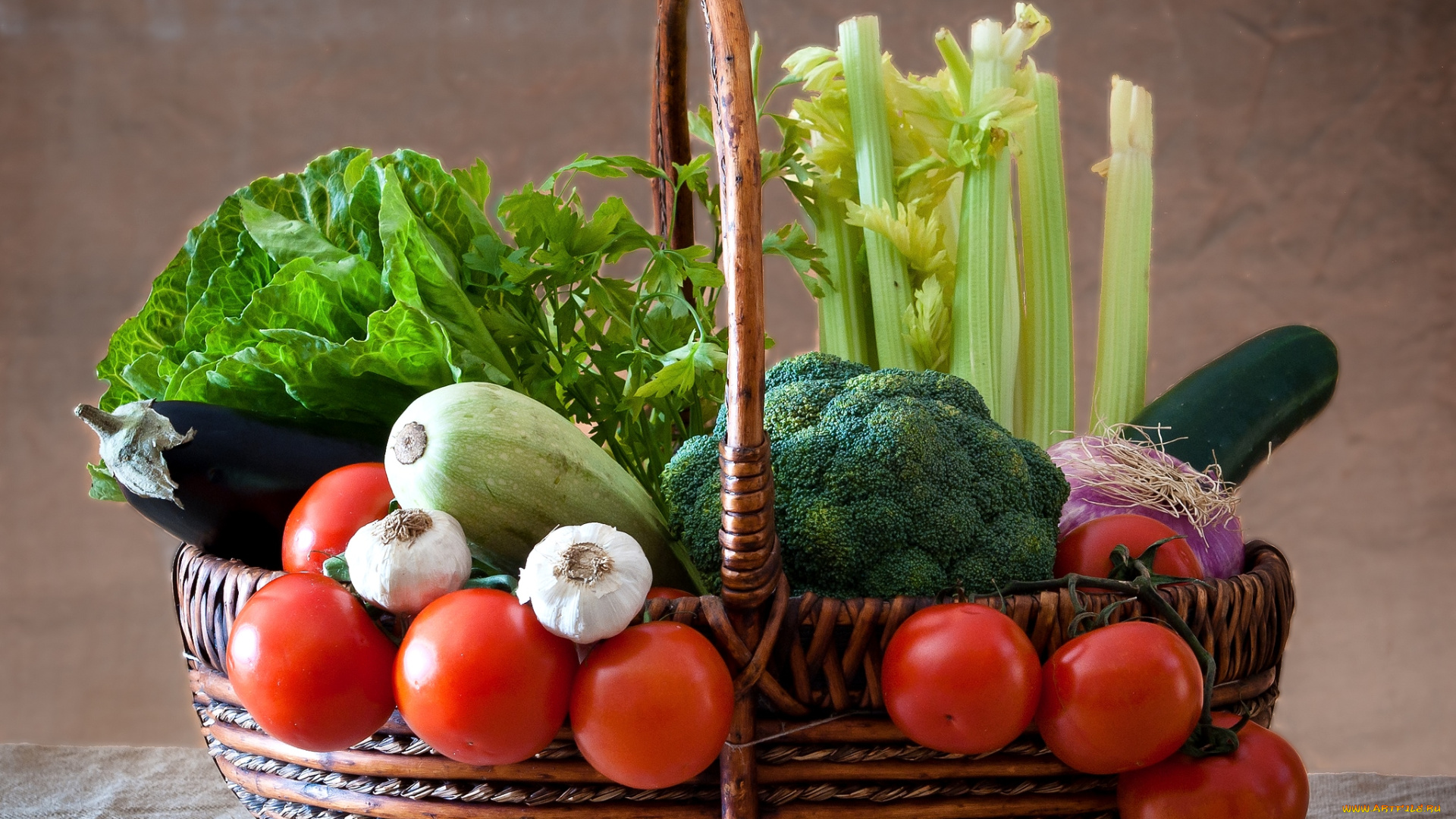 еда, овощи, корзина, помидоры, кабачок, брокколи, чеснок, салат, сельдерей