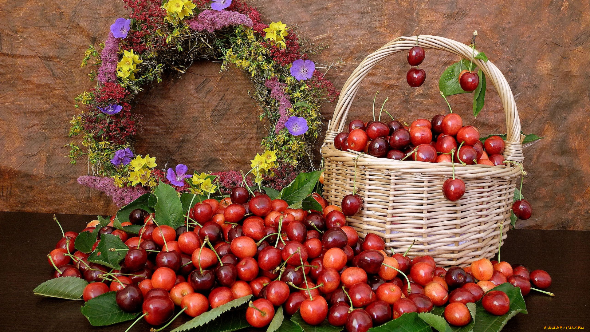 еда, вишня, черешня, натюрморт, цветы, листья, венок, корзинка, ягоды