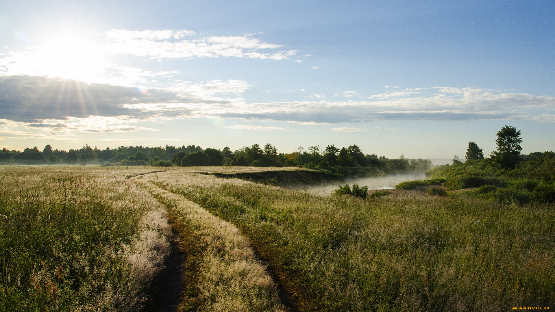 природа, дороги, поле, река, колкя, трава, туман, облака