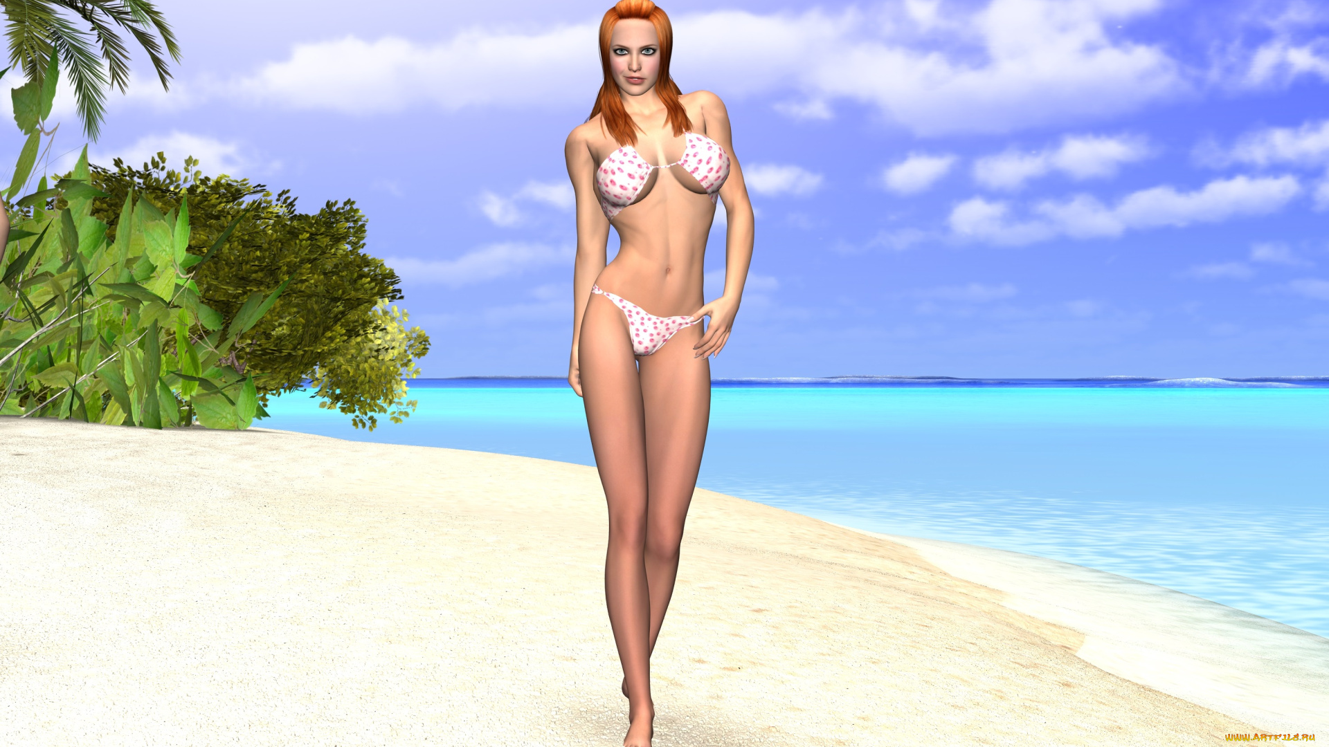 3д, графика, люди, , people, девушка, взгляд, пляж, бикини, песок, море, пальмы