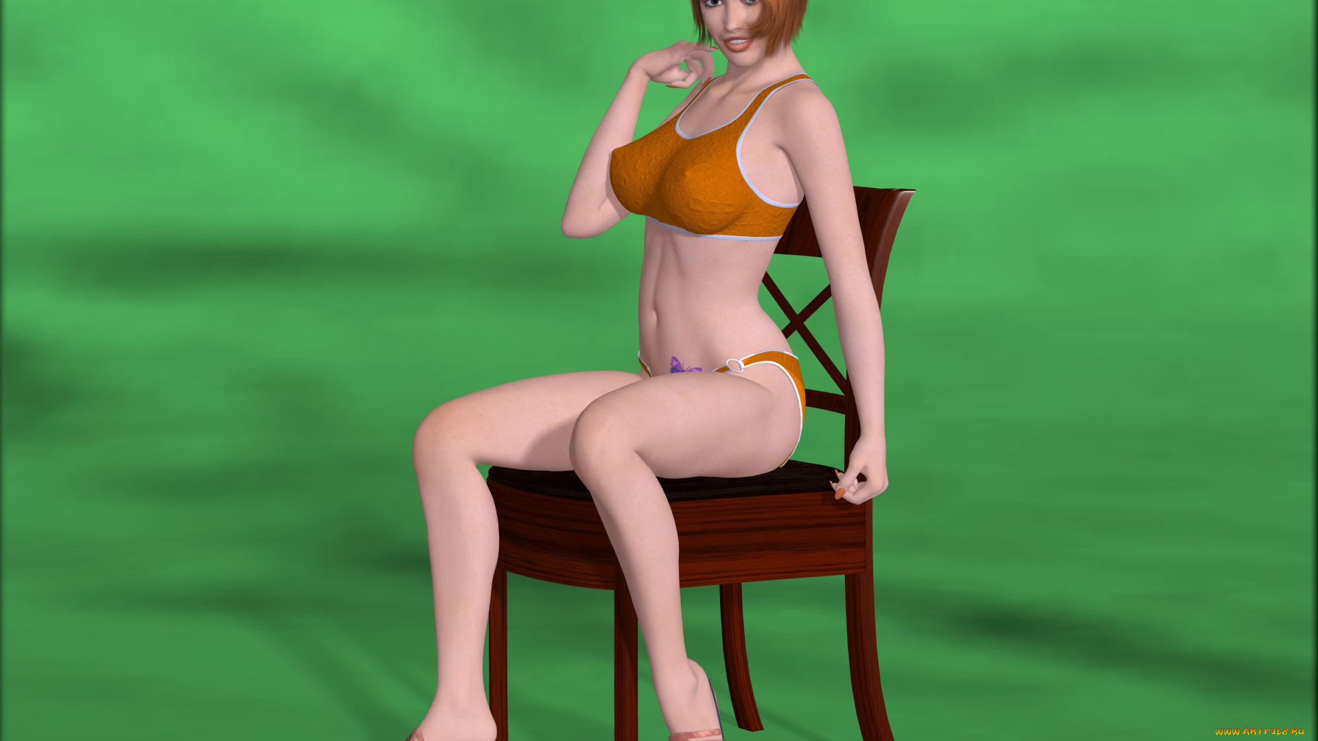 3д, графика, люди, , people, девушка, взгляд, рыжая, улыбка, кресло