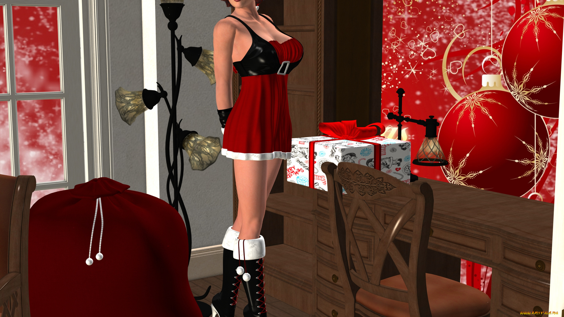 3д, графика, праздники, , holidays, улыбка, взгляд, девушка, подарки