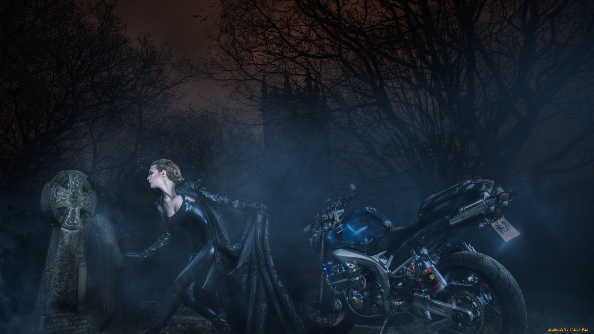 фэнтези, фотоарт, девушка, кладбище, мотоцикл