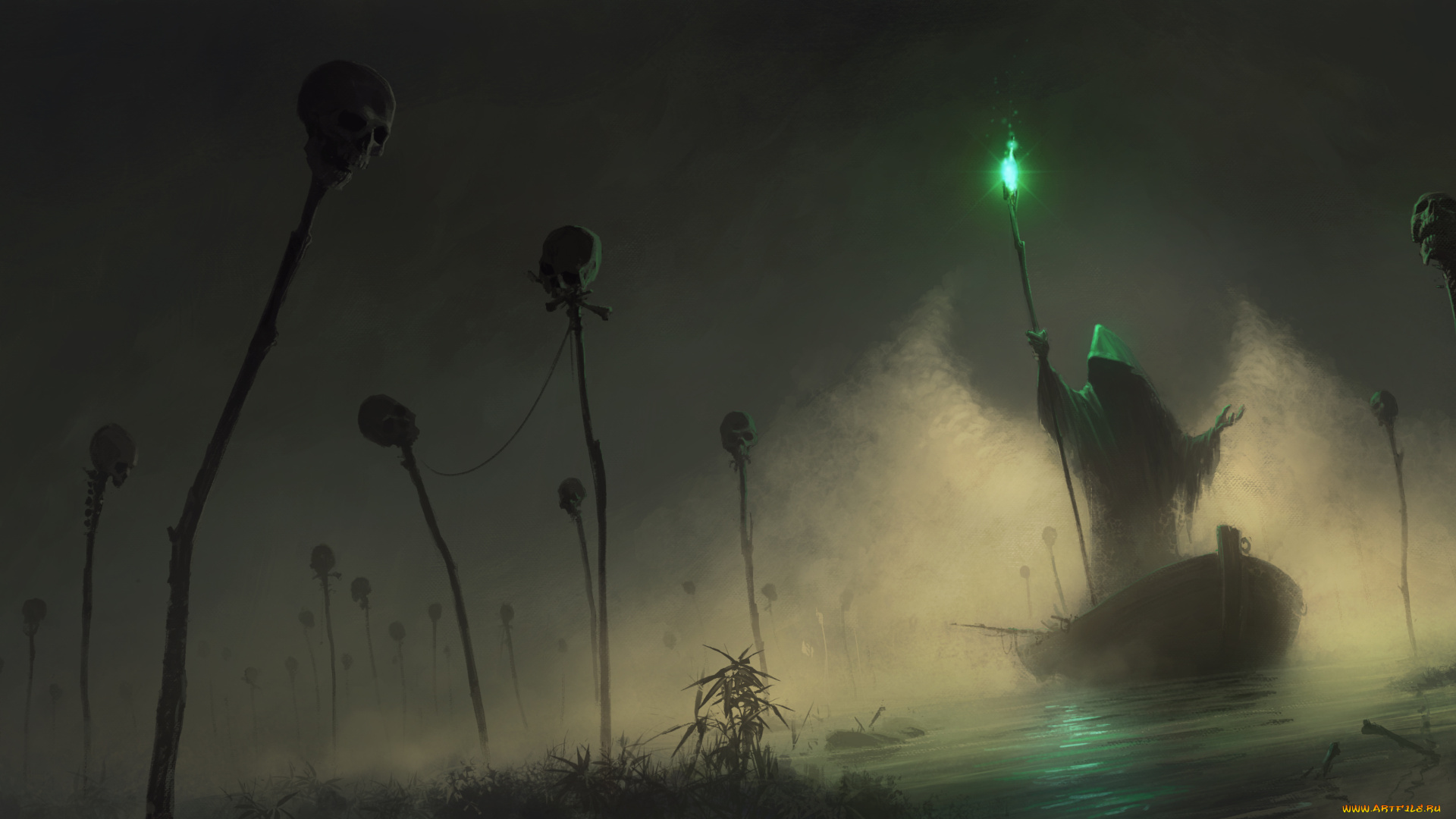 фэнтези, маги, , волшебники, черепа, озеро, колдун, ночь, посох, маг, лодка