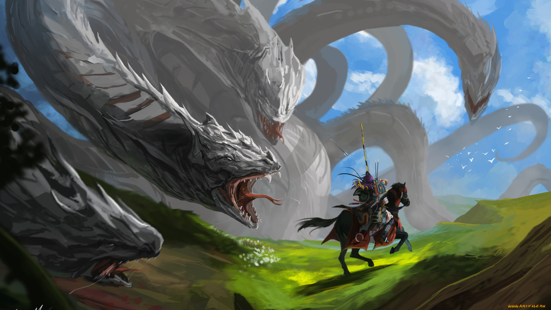 фэнтези, существа, гидра, всадник, лошадь