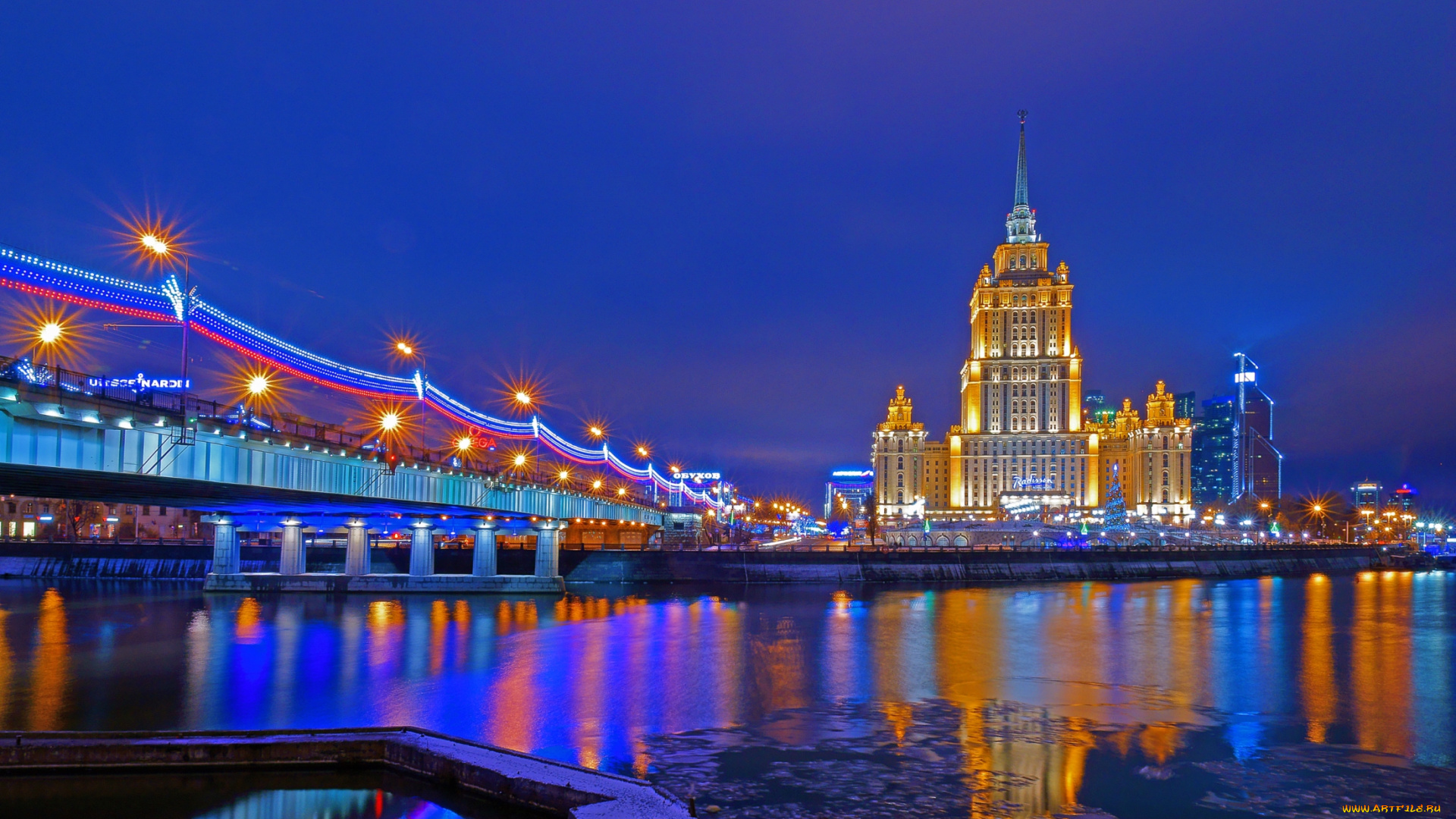 города, москва, , россия, ночь, река, мост