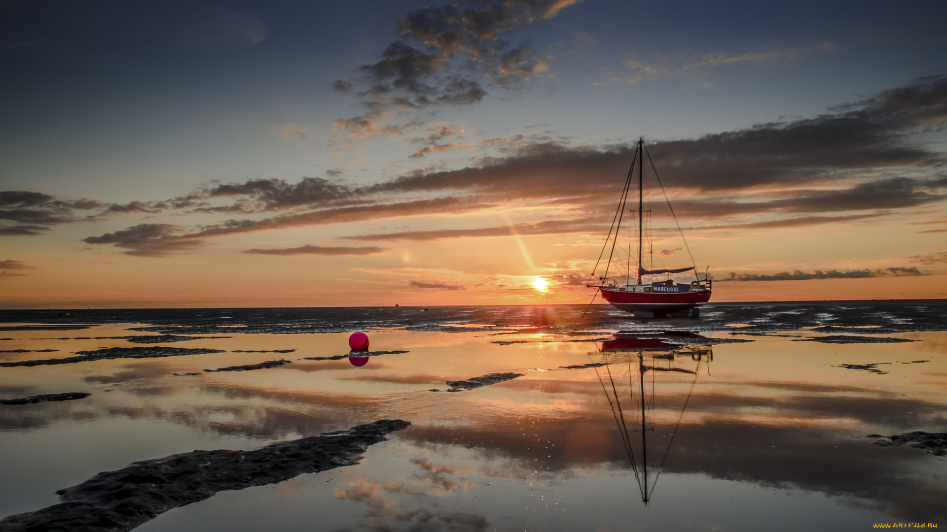 корабли, Яхты, закат, отлив, океан