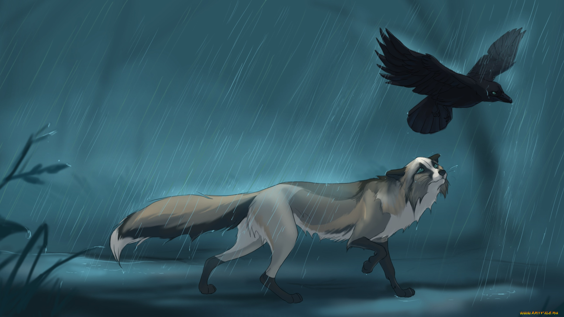 рисованные, животные, собака, ворона