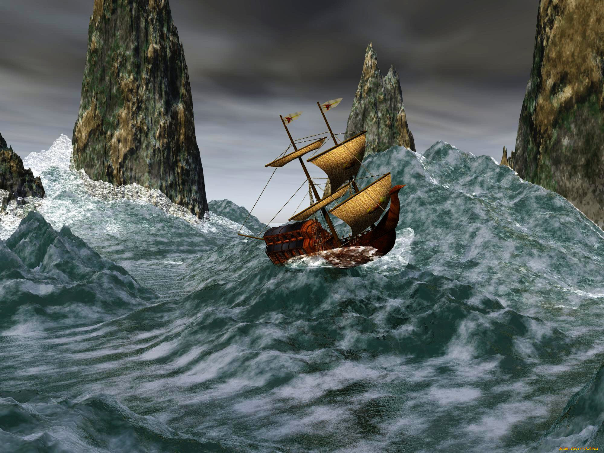 3д, графика, море, , sea, скалы, море, парусник