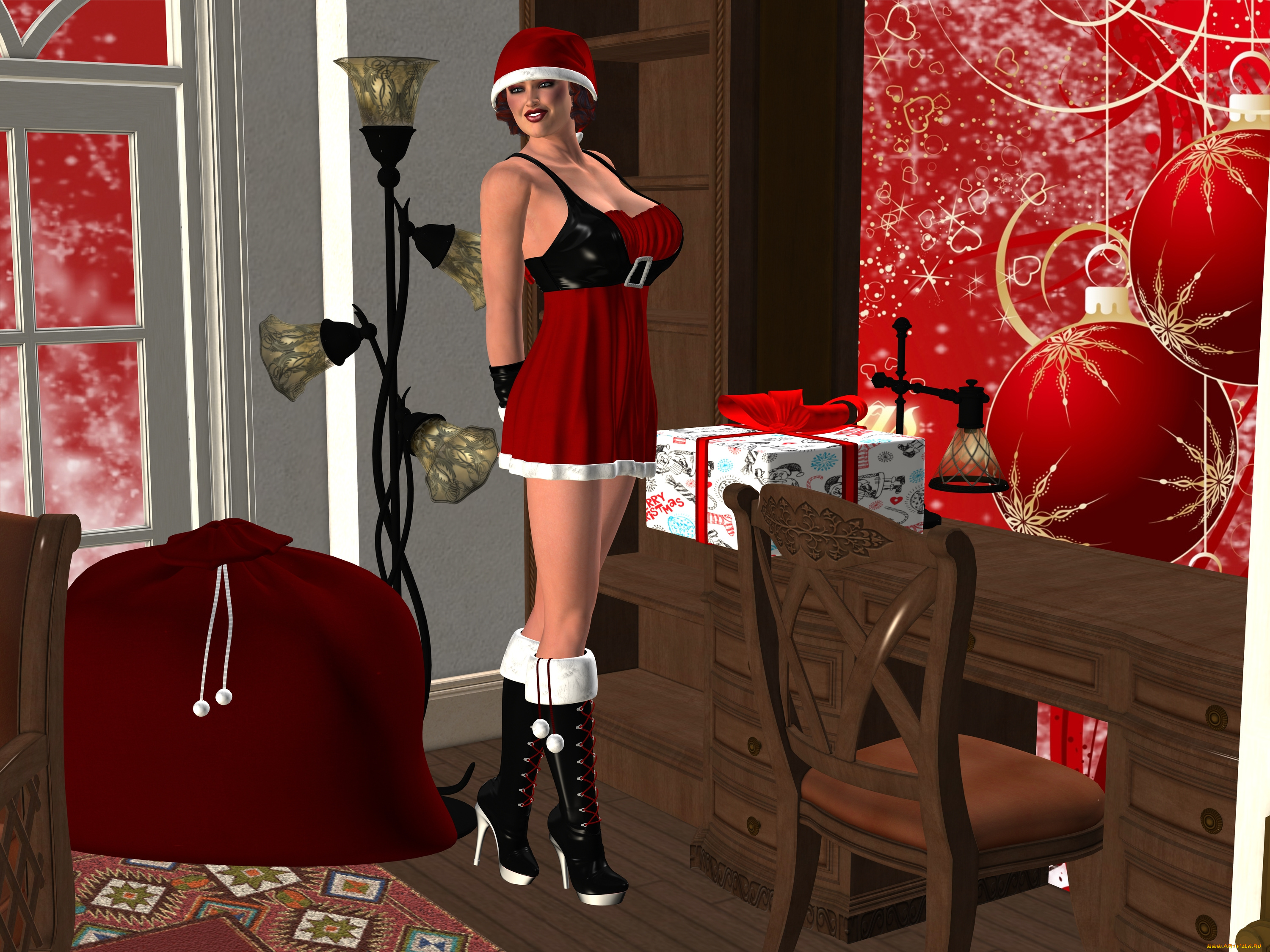 3д, графика, праздники, , holidays, улыбка, взгляд, девушка, подарки