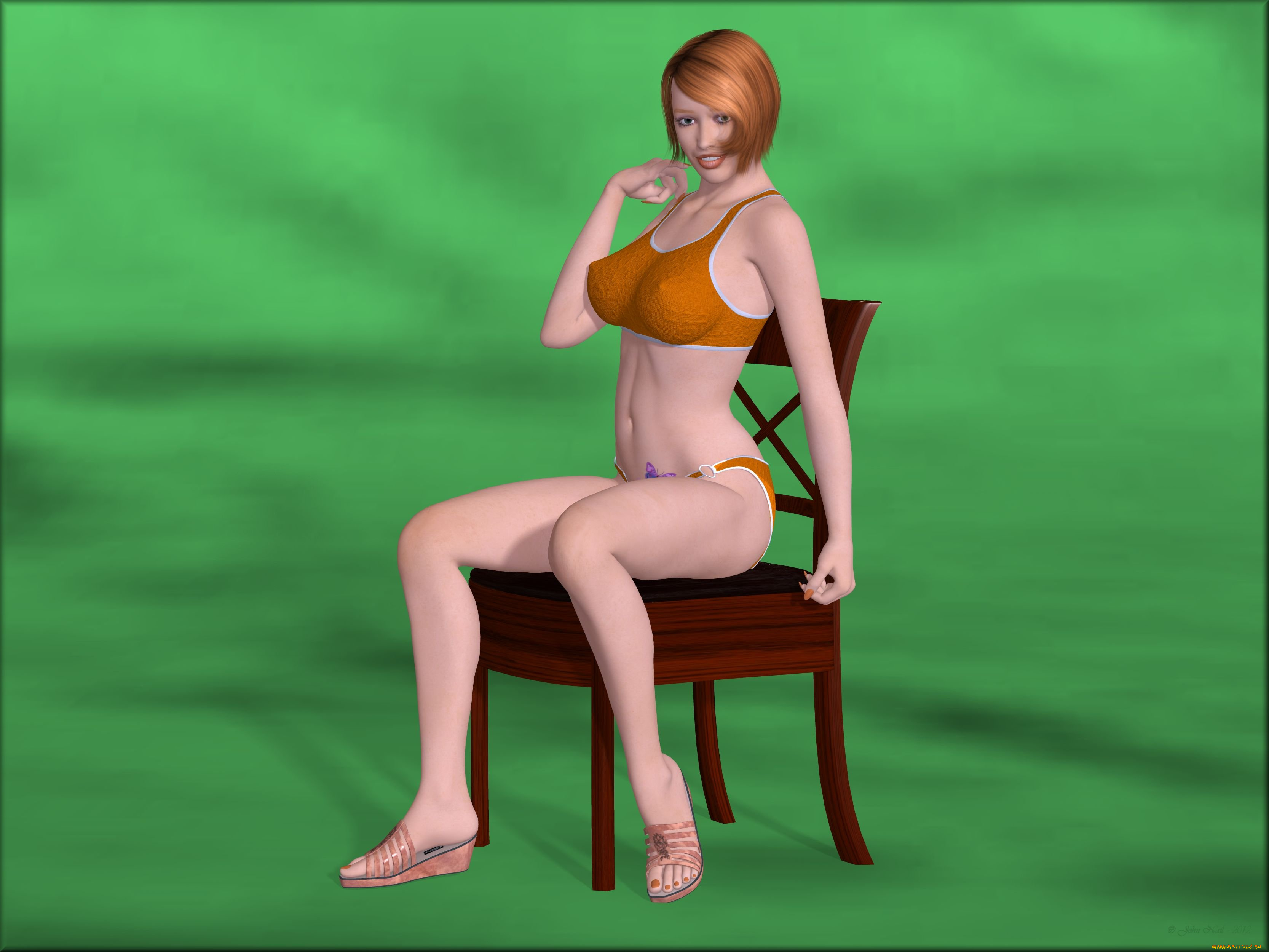 3д, графика, люди, , people, девушка, взгляд, рыжая, улыбка, кресло