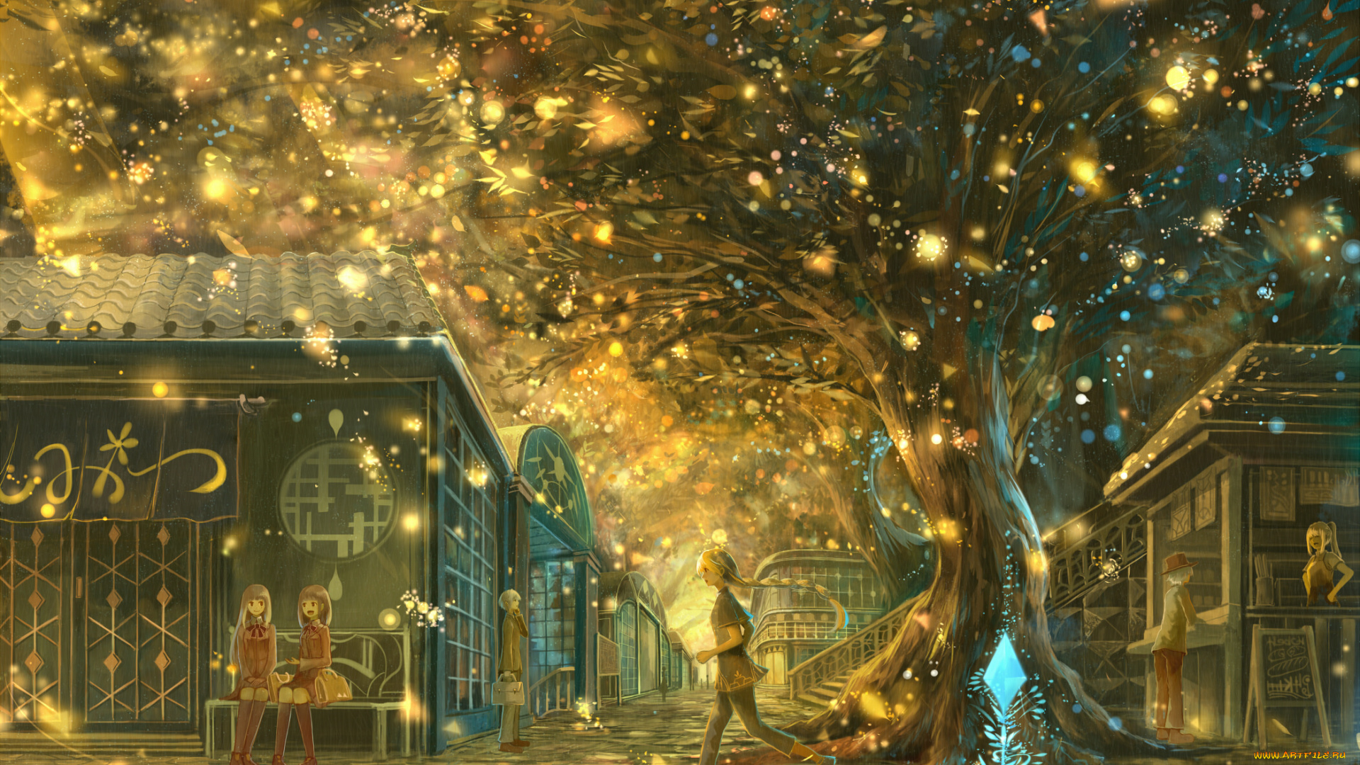 аниме, город, , улицы, , здания, bou, nin, блики, дерево, люди, здания, лавки