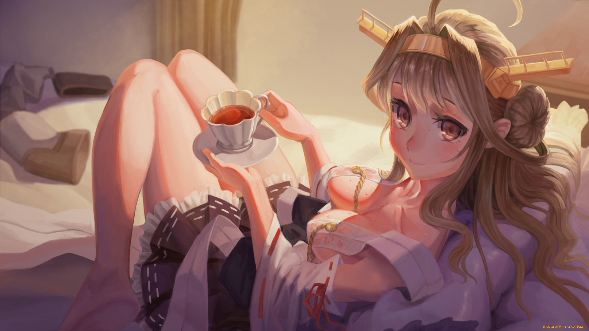 аниме, kantai, collection, чашка, чай, взгляд, kancolle, ecien, kongou, kantai, collection, девушка, арт