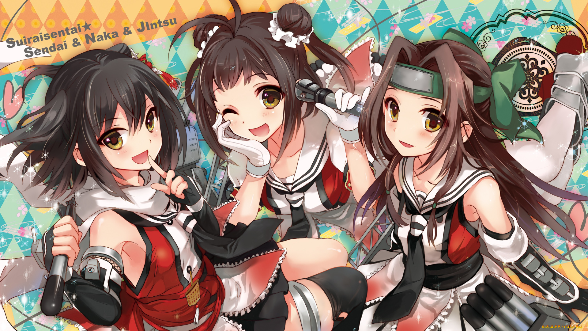 аниме, kantai, collection, kantai, collection, jintsuu, kancolle, naka, sendai, musou, yuchi, арт, девушки