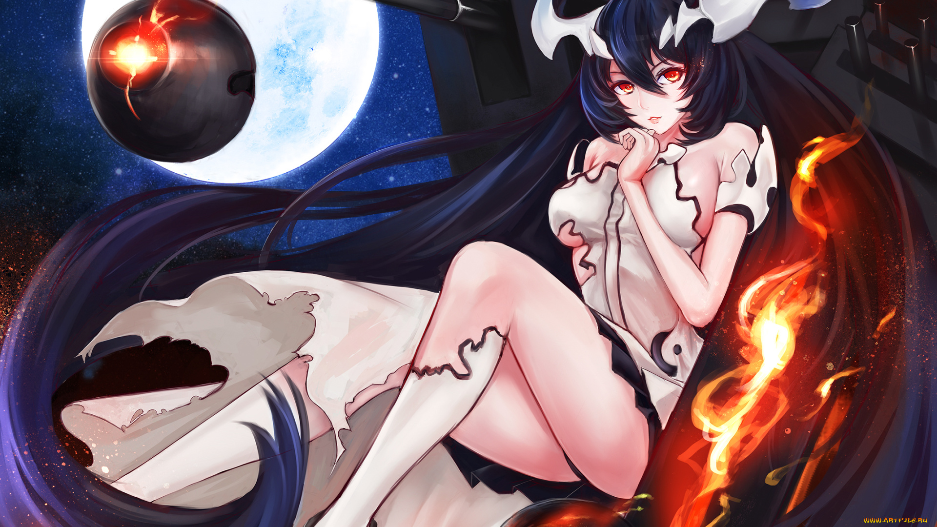 аниме, kantai, collection, огонь, луна, взгляд, девушка, демон, арт, ночь, kantai, collection, ytoy, anchorage, water, demon, оружие, пламя