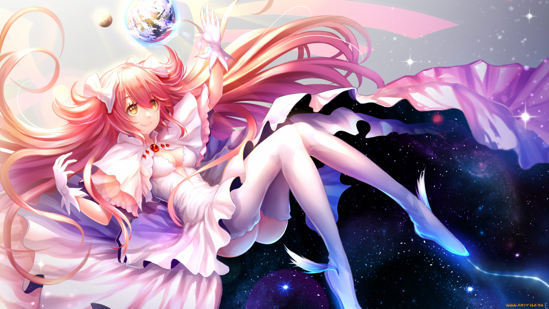 аниме, mahou, shoujo, madoka, magika, арт, kaname, madoka, mahou, shoujo, magica, планеты, космос, девушка, луна, земля