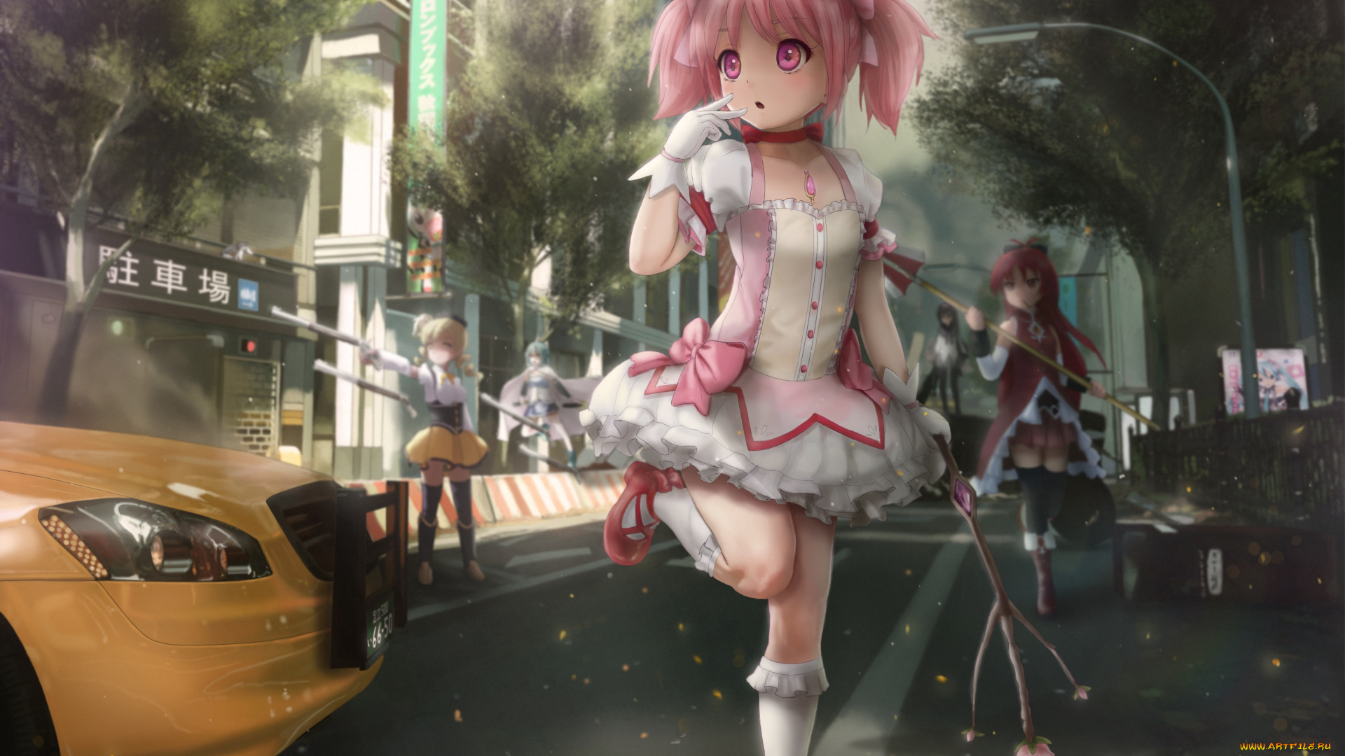аниме, mahou, shoujo, madoka, magika, фонари, улица, девочки, город, арт, автомобиль, mahou, shoujo, madoka, magica, novcel, деревья