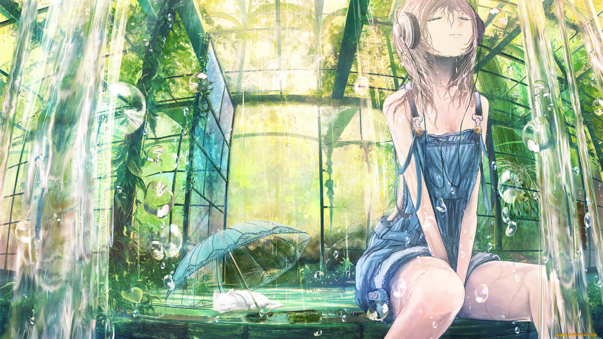 аниме, музыка, арт, popopo5656, зонт, кошка, кот, вода, растения, наушники, оранжерея, девушка