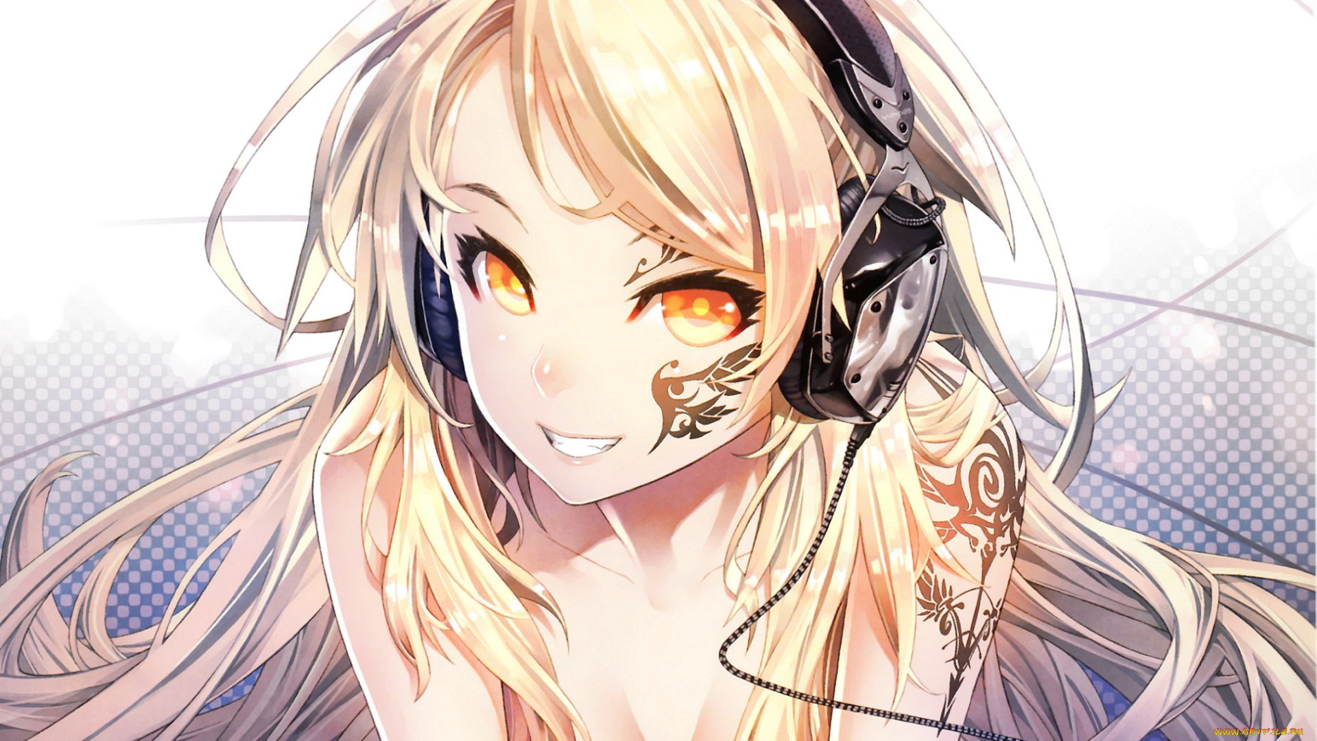 аниме, музыка, kunieda, арт, девушка, взгляд, улыбка, блондинка