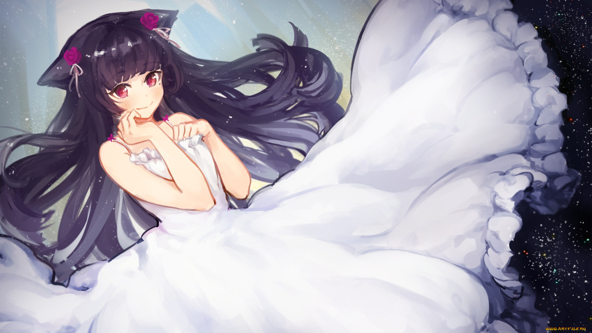 аниме, oreimo, gokou, ruri, k-sktchblg, арт, девушка, брюнетка, ушки, белое, платье