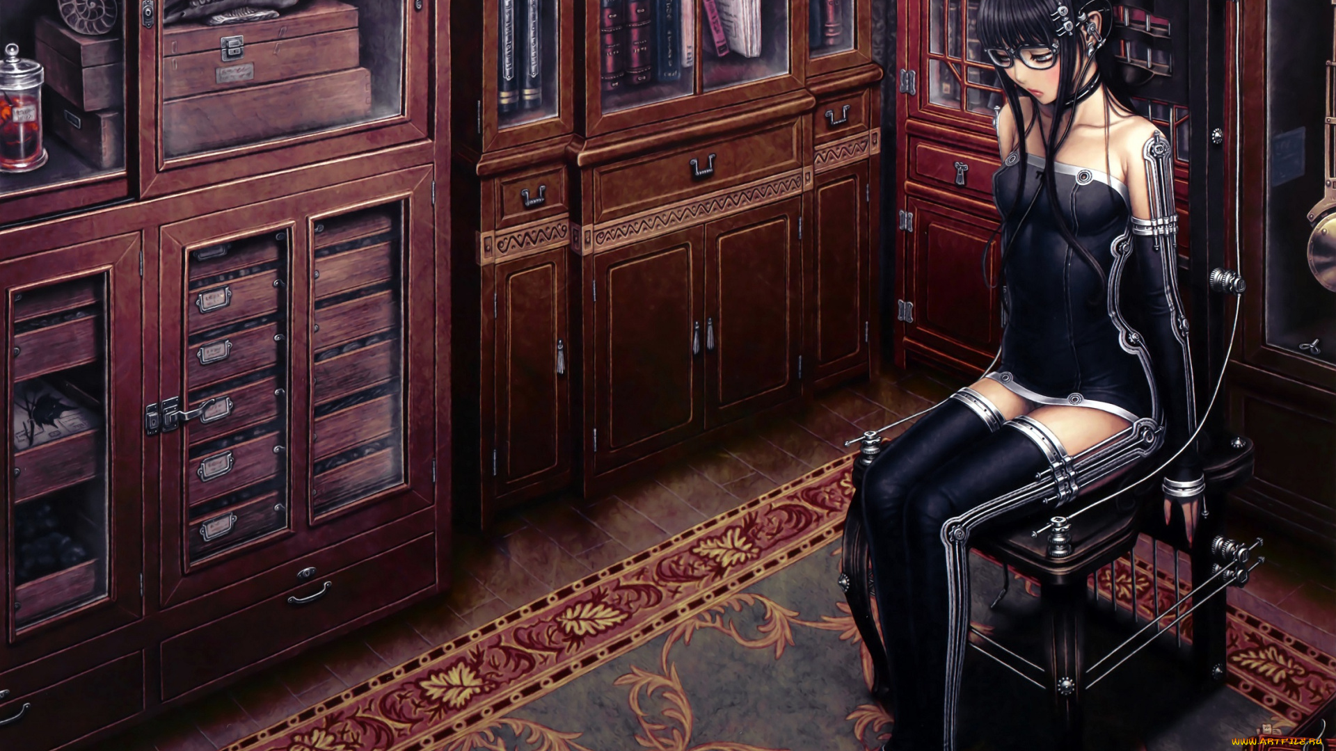 аниме, оружие, , техника, , технологии, киборг, книги, стул, девушка, арт, библиотека