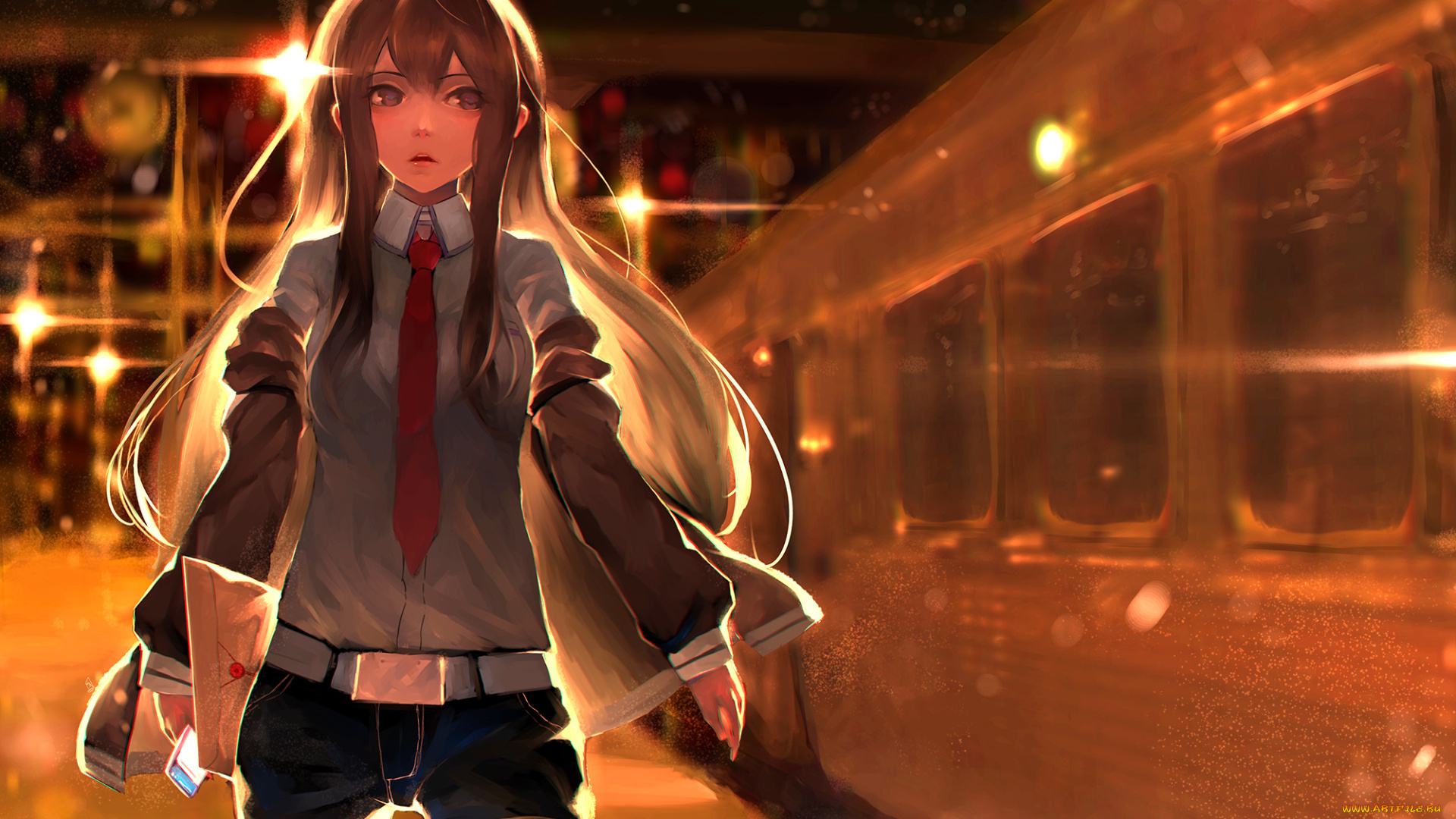 аниме, steins, gate, makise, kurisu, junp, арт, свет, поезд, станция, девушка, шатенка
