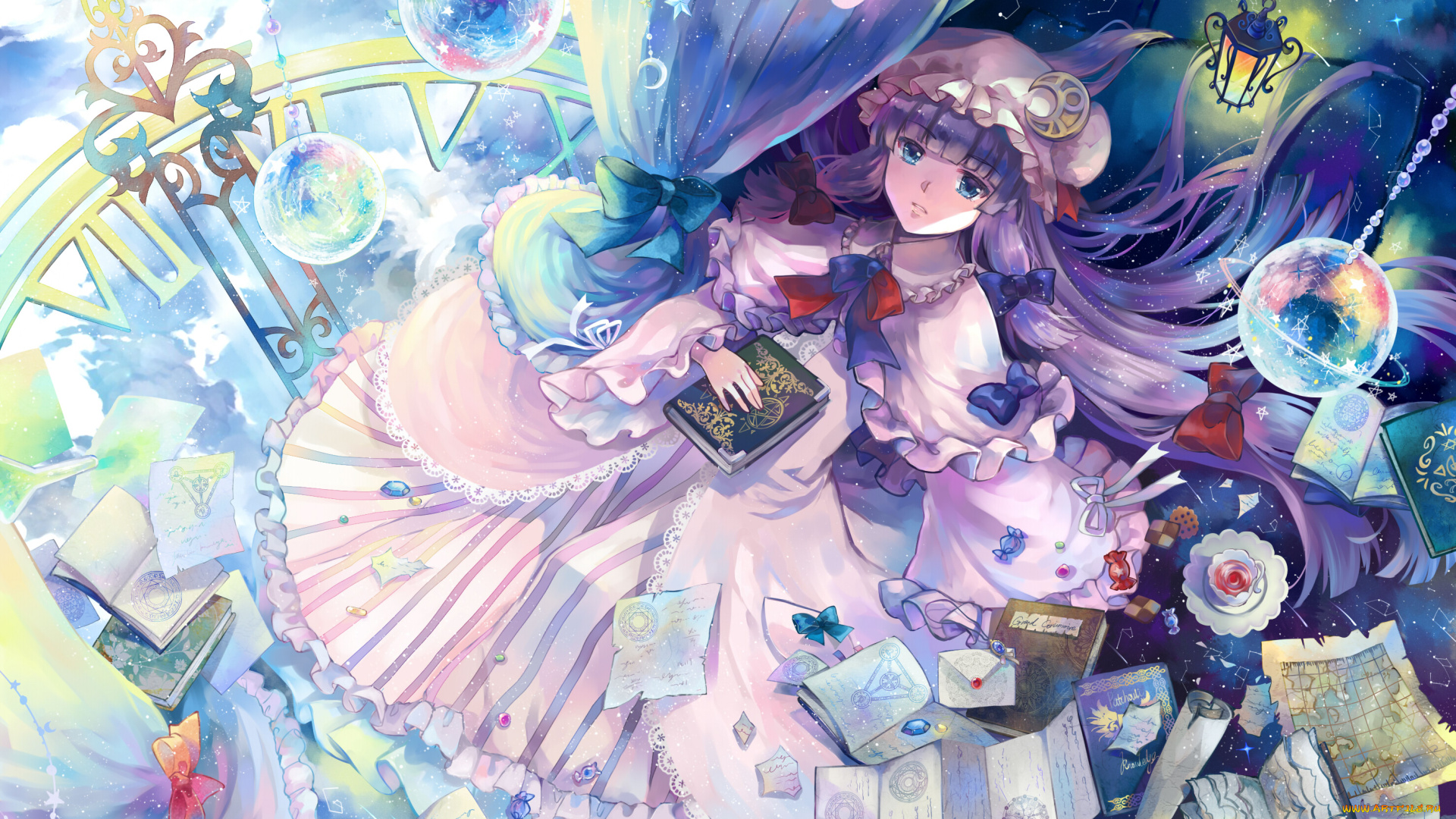 аниме, touhou, арт, книги, часы, фонарь, ekita, gen, patchouli, knowledge, взгляд, девочка