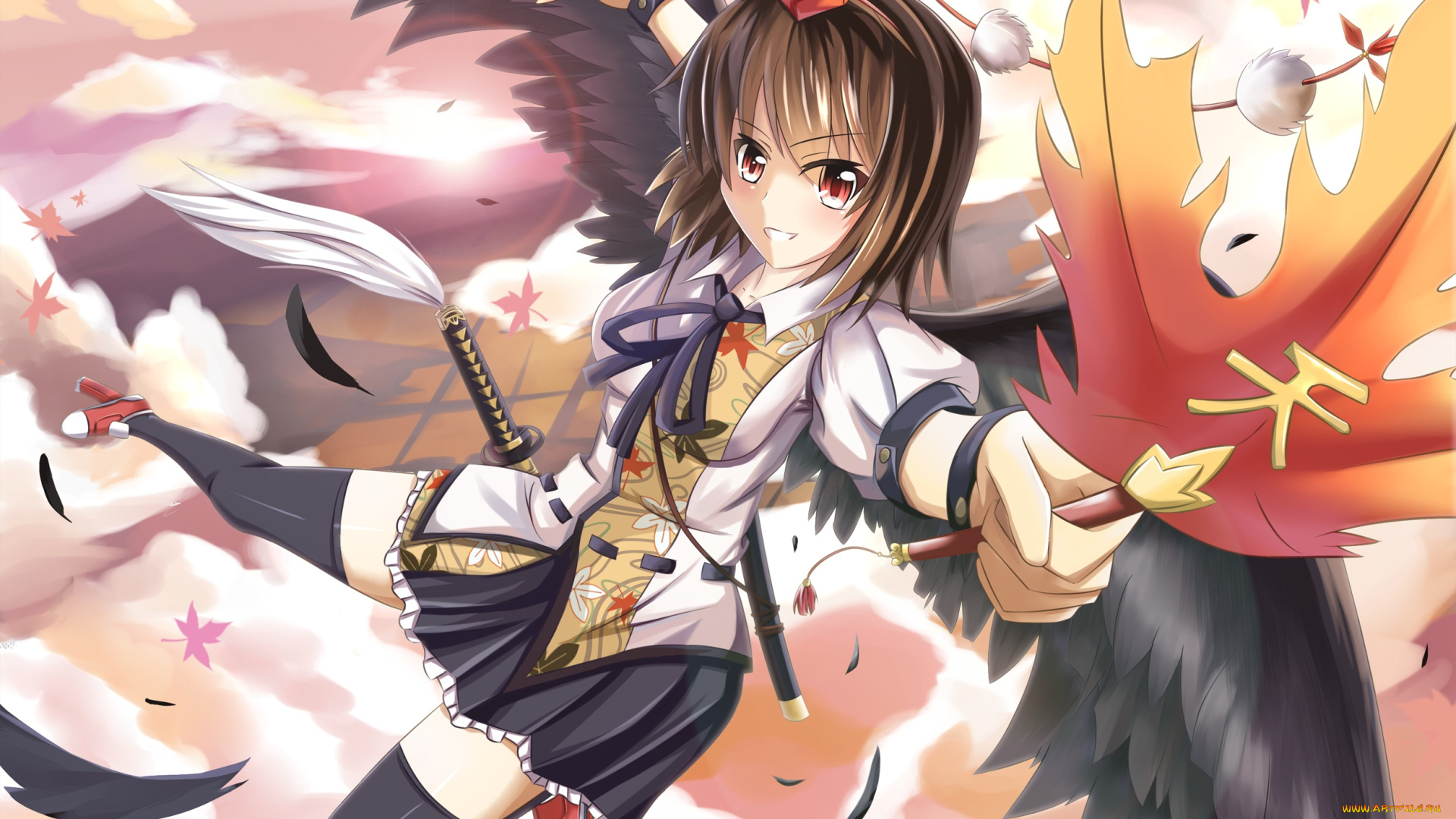 аниме, touhou, девушка, арт, листья, shameimaru, aya, nugi, armenci, крылья
