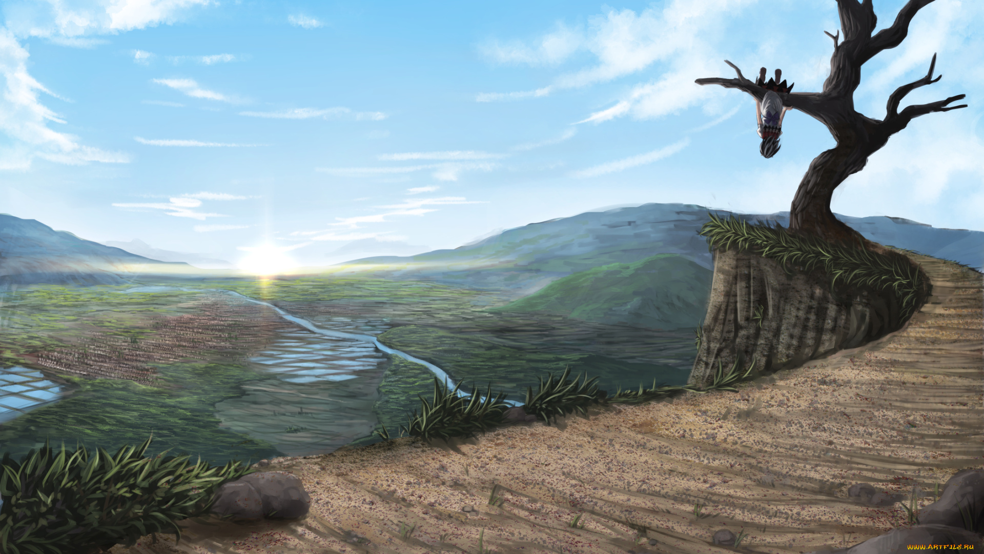 аниме, touhou, пейзаж, восход, солнце, небо, дерево, девушка, долина, панорама, горы, река, трава, арт, tagme, artist, kijin, seija