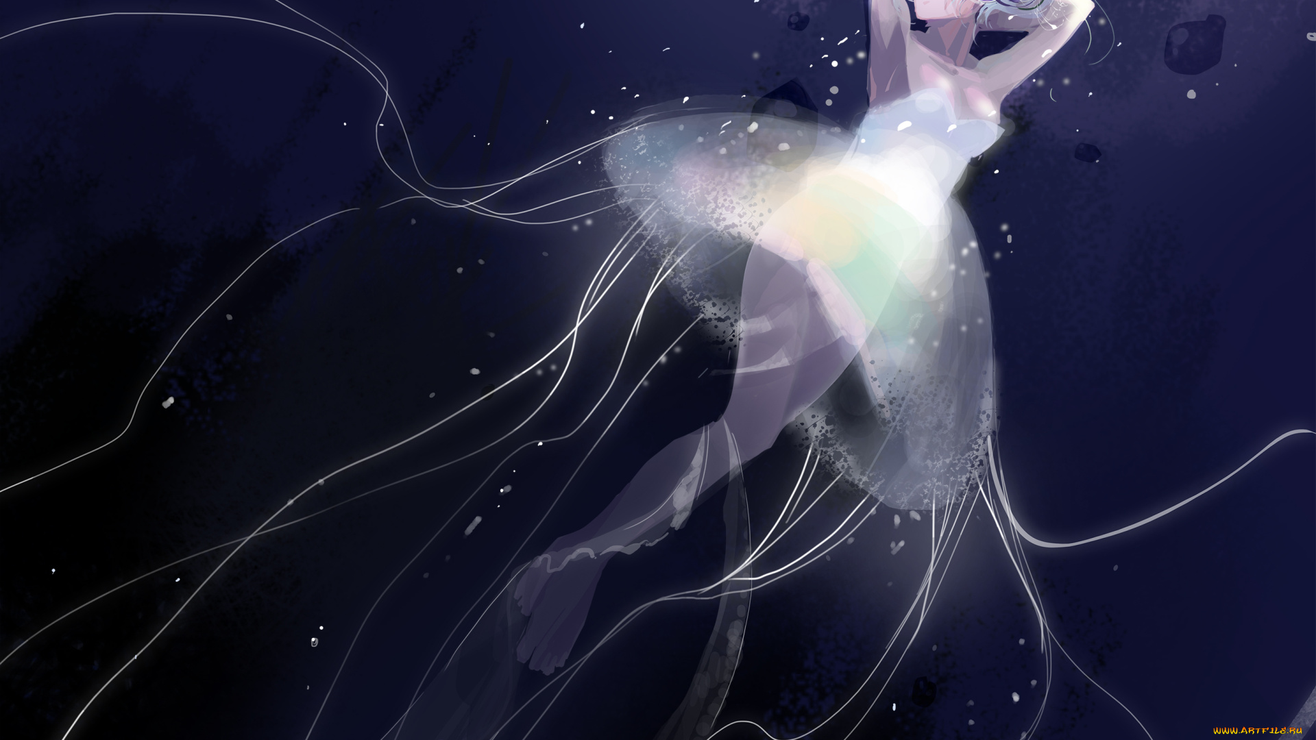 аниме, unknown, , другое, балерина, платье, девушка, лепестки, ночь, namu