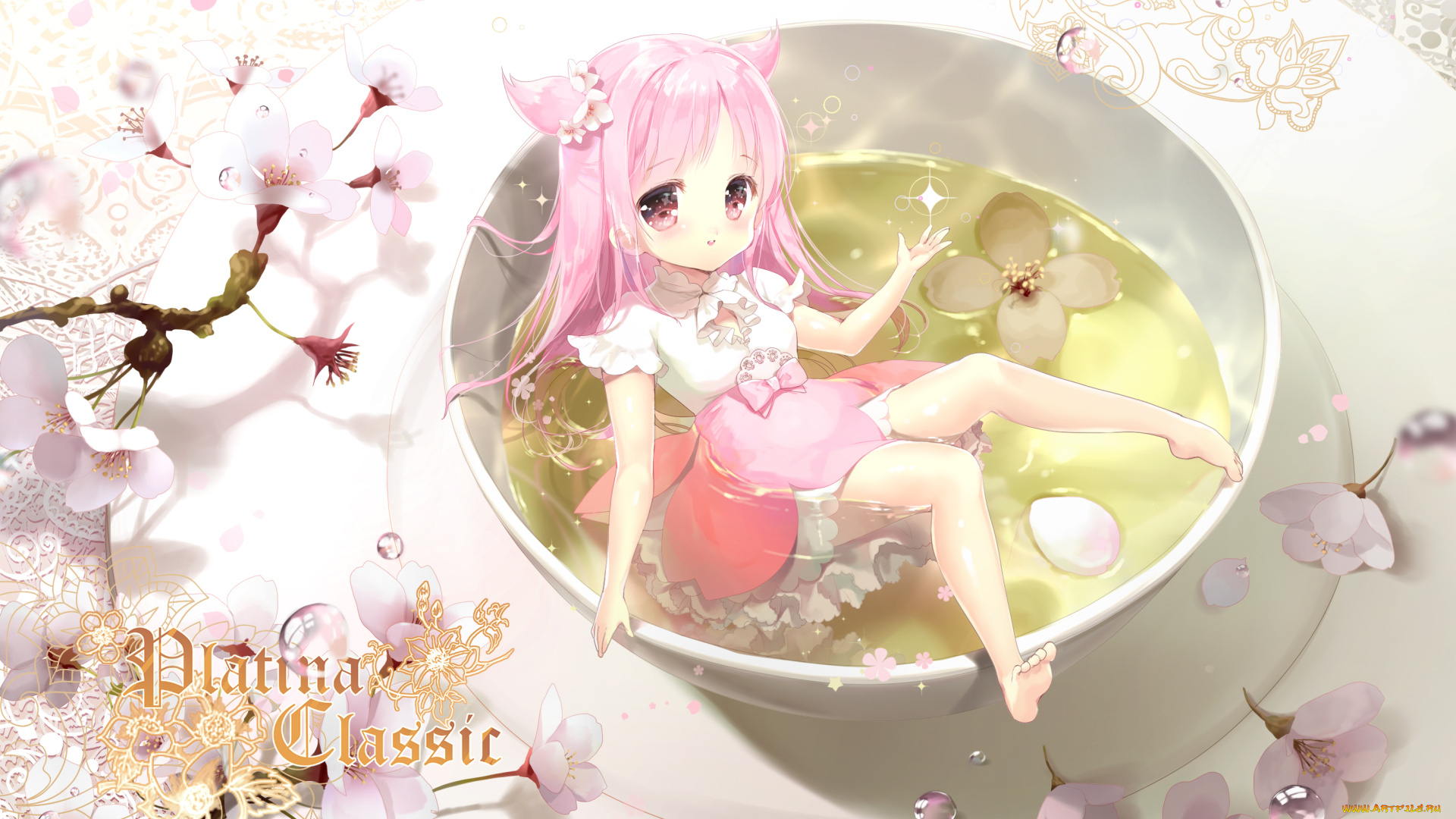 аниме, unknown, , другое, капли, роса, весна, цветы, вишня, сакура, чай, плошка, девочка, арт, siloteddy