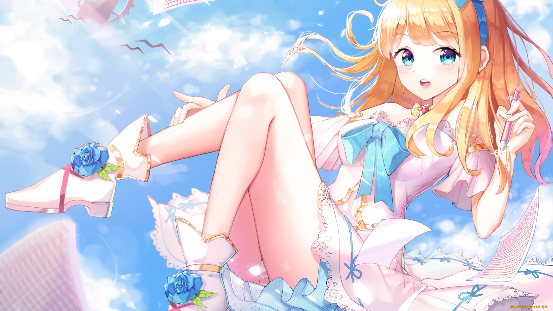 аниме, unknown, , другое, листы, ручка, девушка, небо, арт, shoonear