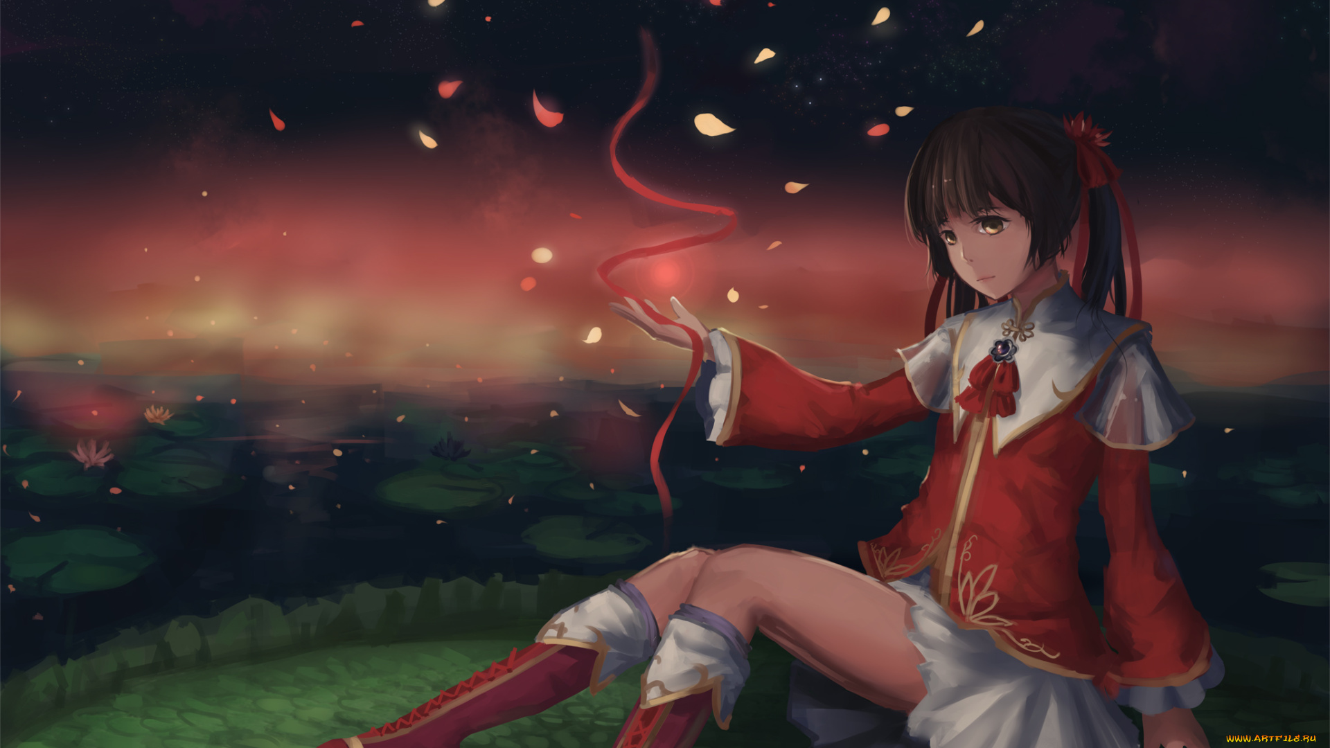 аниме, unknown, , другое, ночь, девушка, арт, newnand, лепестки, лента