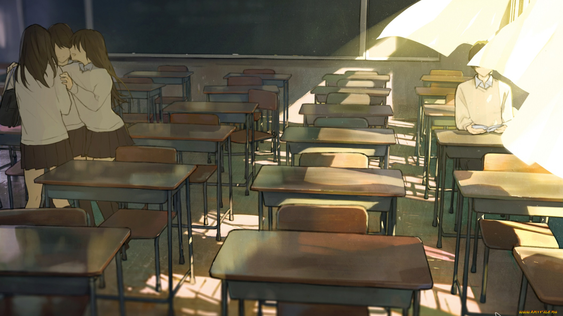 аниме, unknown, , другое, свет, арт, девушки, окна, класс, сумрак, ветер, занавески, школа, парты, loundraw, парень