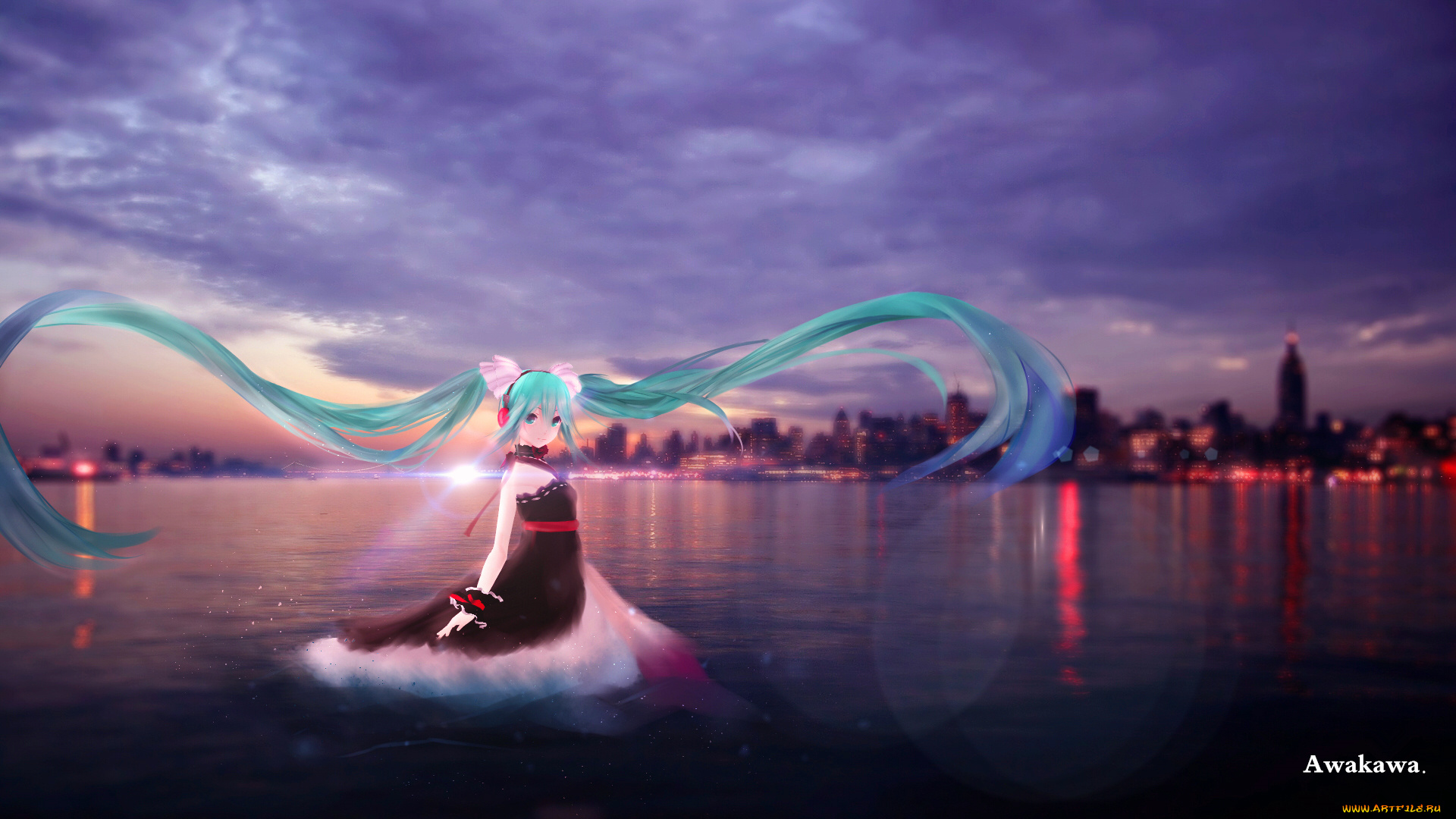 аниме, vocaloid, арт, море, город, awakawayui, hatsune, miku