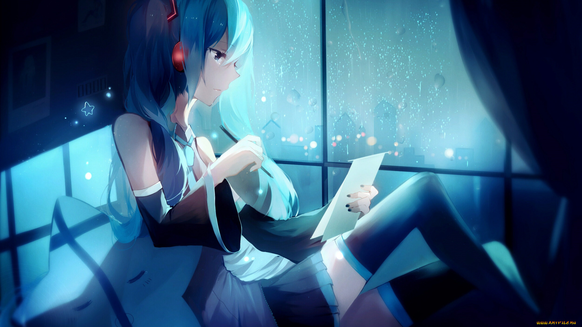 аниме, vocaloid, девушка, окно, ночь, арт, лист, карандаш, lococo-p, hatsune, miku