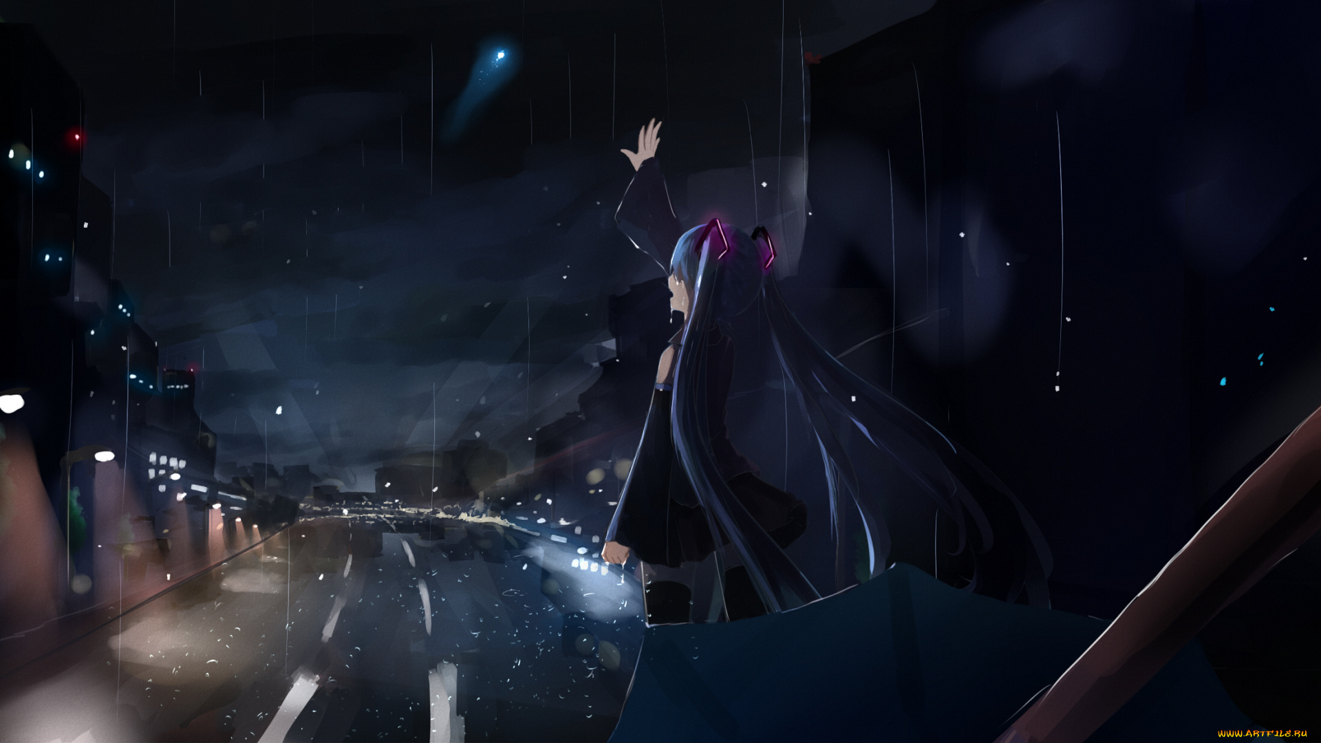 аниме, vocaloid, hatsune, miku, дождь, ночь, дорога, арт, зонт, улица, горд, tagme, artist