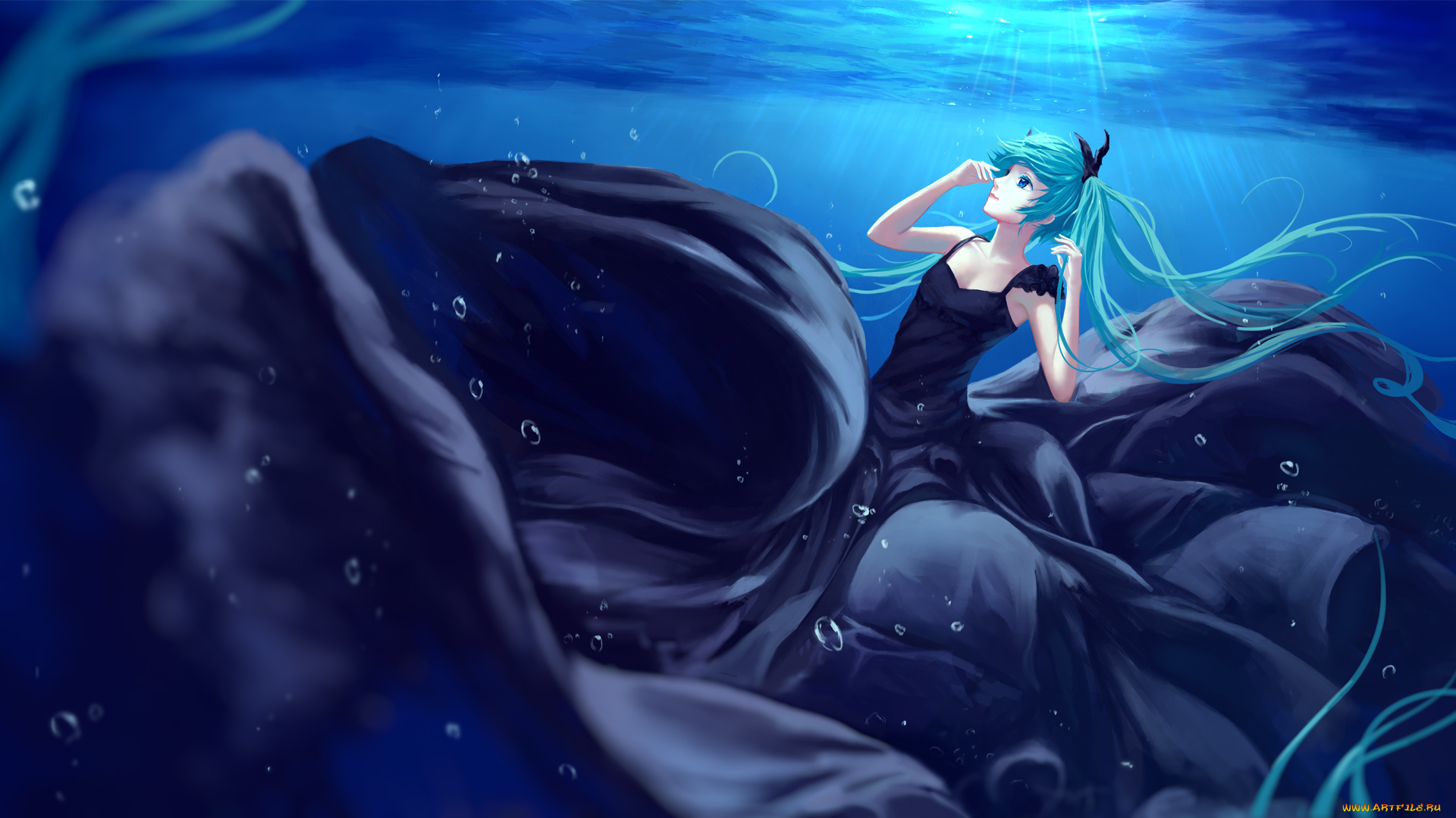 аниме, vocaloid, лучи, пузырьки, вода, платье, арт, девушка, sombernight, hatsune, miku