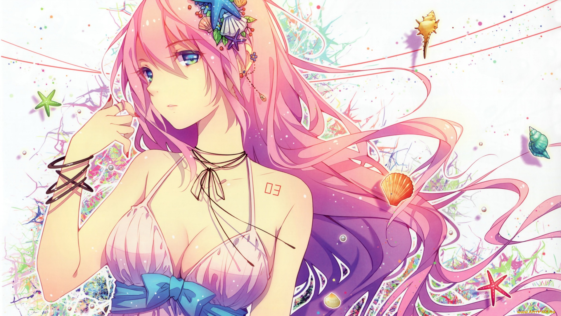 аниме, vocaloid, megurine, luka, tidsean, арт, ракушки, морская, звезда, девушка